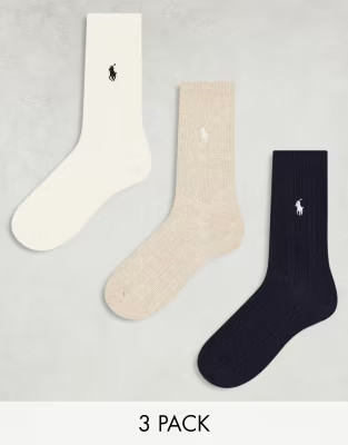 Polo Ralph Lauren 3 pack crew socks with pony logo in navy cream beige | ASOS (Global)