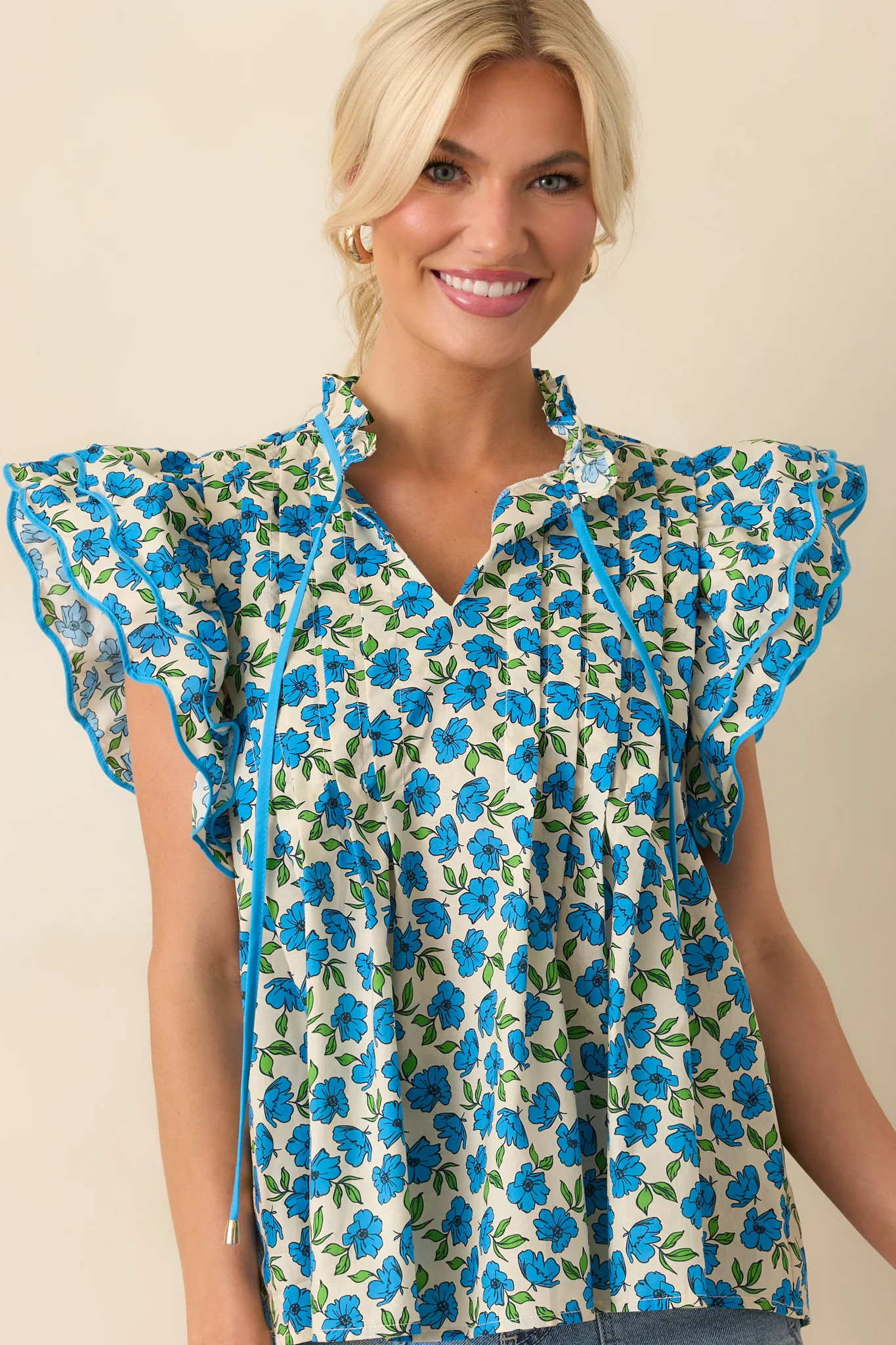 Window Shopping Blue Floral Cotton Flutter Sleeve Top | Red Dress