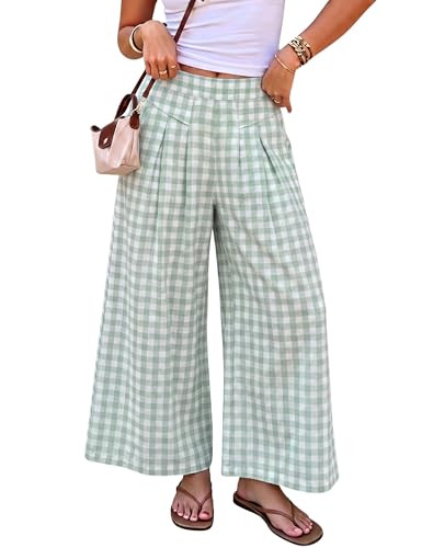 Hooever Women's Wide Leg Culottes Pants Gingham Check High Waisted Pleated Casual Trousers with P... | Amazon (US)