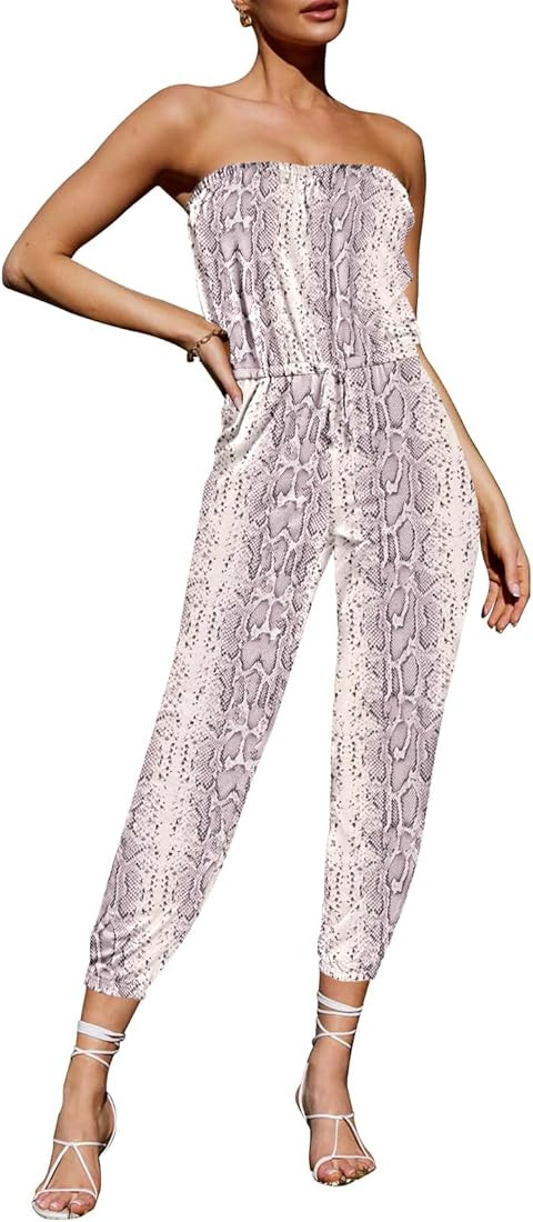 Pink Wind Women's Off Shoulder One Piece Jumpsuit Casual Strapless Drawstring Romper | Amazon (US)
