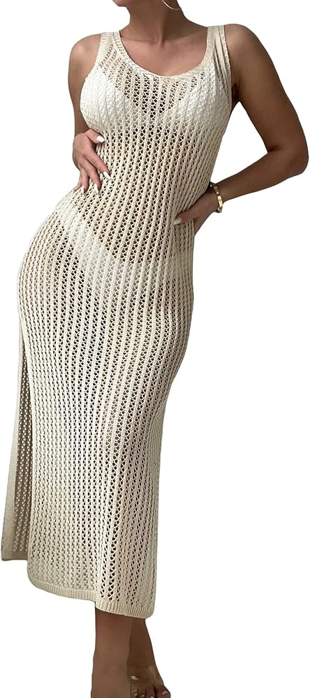 GORGLITTER Women's Crochet Hollow Out Cover Ups Split V Neck Knitted Beach Dresses | Amazon (US)