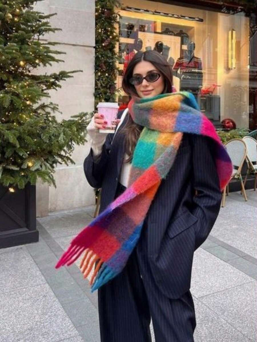 Street 1pc Women Christmas Rainbow Plaid Scarves, Autumn And Winter College Style Warm Scarf, Sui... | SHEIN