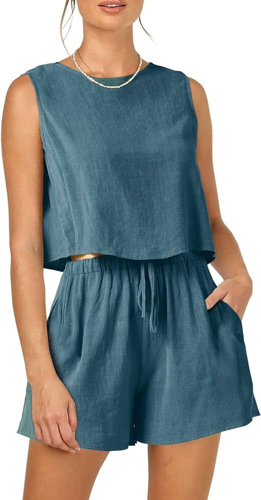 PRETTYGARDEN Women's 2024 Summer 2 Piece Outfits Casual Button Back Crop Tank Tops and High Waist... | Amazon (US)
