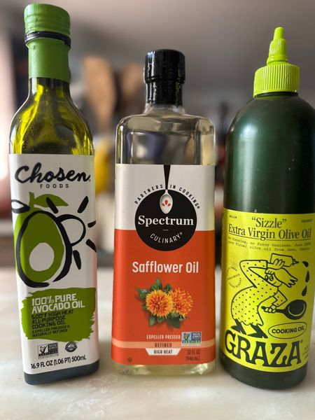 My favorite cooking oils! Olive oil, avocado and Safflower. Each has a different smoke point so you should have a variety in your kitchen. 

#LTKhome