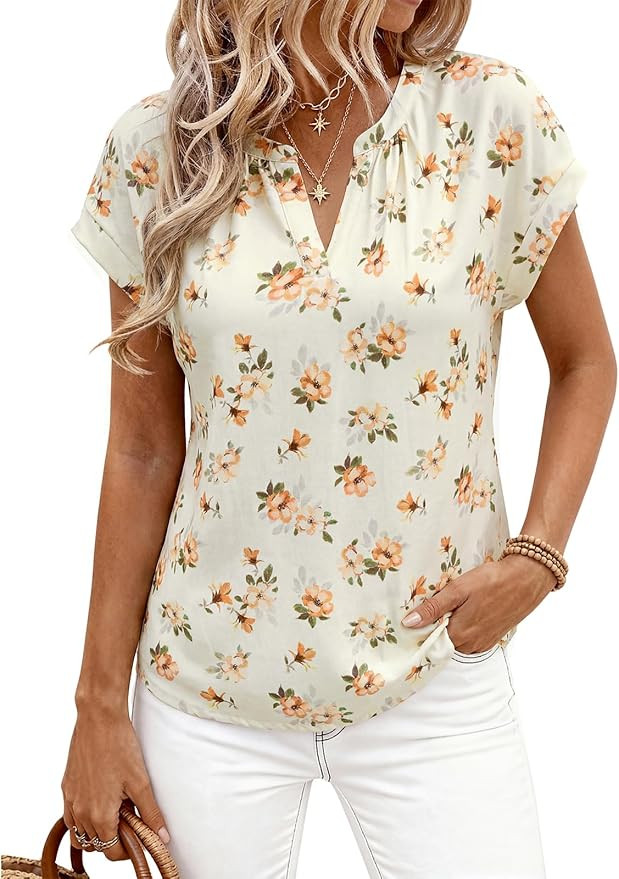PRETTYGARDEN Rolled Short Sleeve Womens Tops Dressy Casual T Shirts Summer Floral V Neck Chiffon ... | Amazon (US)