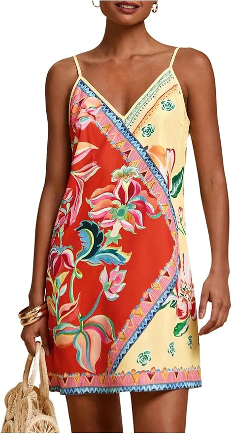 OYOANGLE Women's Boho Patchwork Floral Print Mini Sundress Spaghetti Strap Colorblock A Line Dres... | Amazon (US)