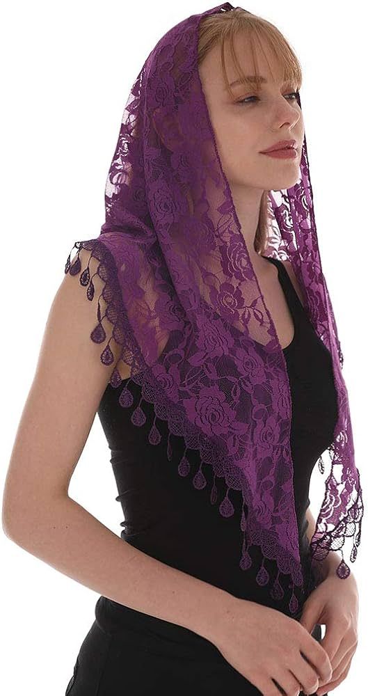 LMVERNA Triangle Scarf with Fringe Fashion Mantilla Veils Catholic for Women (Purple) | Amazon (US)