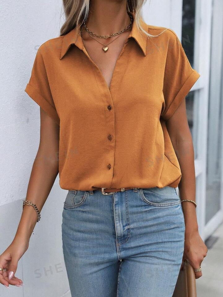 SHEIN LUNE Solid Batwing Sleeve Button Front Shirt4.92(1000+) | SHEIN
