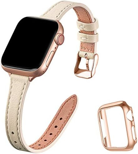 STIROLL Slim Leather Bands Compatible with Apple Watch Band 38mm 40mm 42mm 44mm, Top Grain Leathe... | Amazon (US)