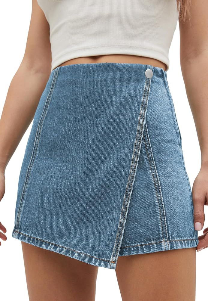 PLNOTME Womens Denim Skorts High Waisted Casual Summer Asymmetrical Hem Criss Cross Jean Skirt Sh... | Amazon (US)