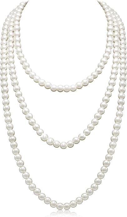 Long Pearl Necklaces for Women Cream White Faux Pearl Strand Layered Necklace Costume Jewelry | Amazon (US)