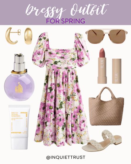 This outfit is a great choice for spring! A beautiful floral dress, white sandals, a woven bag, and gold earrings! Complete the look with sunglasses, blush, lippies, and your favorite perfume!
#springstyle #beautypicks #outfitinspo #dressylook

#LTKstyletip #LTKitbag #LTKSeasonal