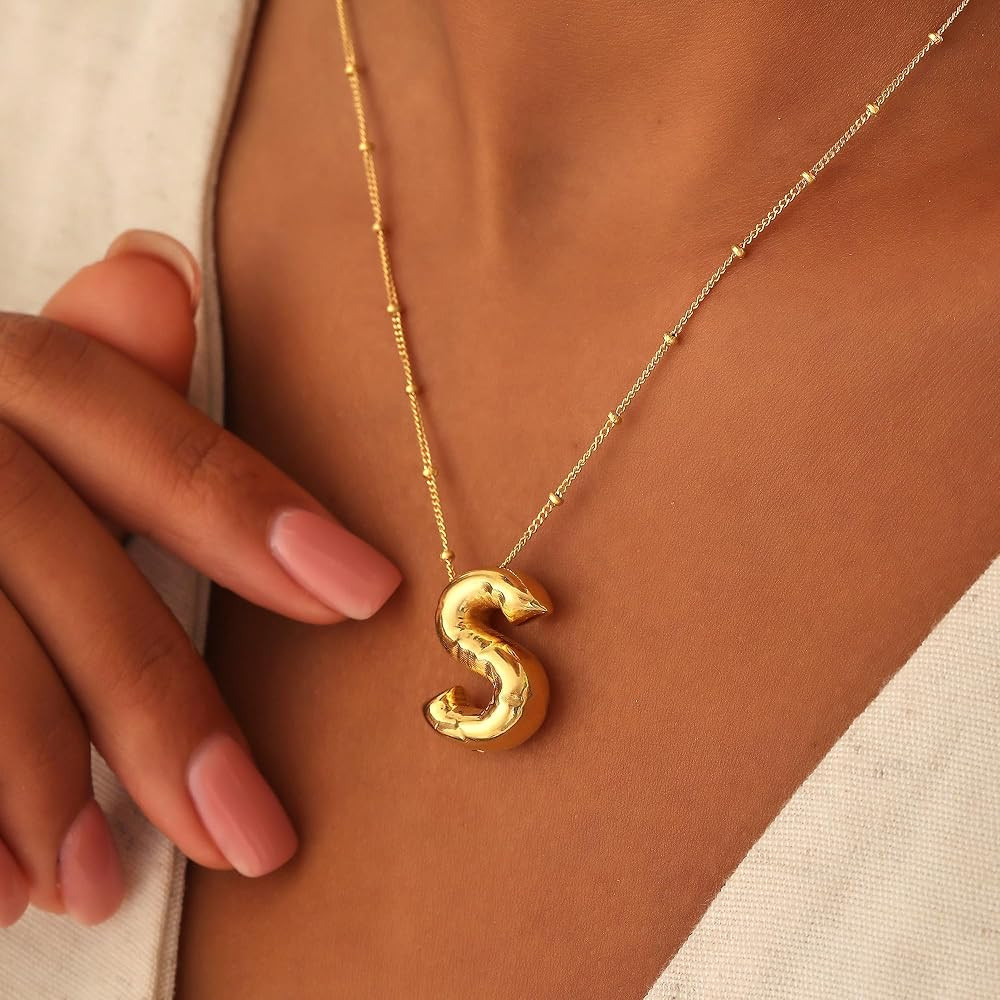 Gold Bubble Letter Necklace for Women, 14k Gold Plated Balloon Initial Letter Pendant Necklace Da... | Amazon (US)