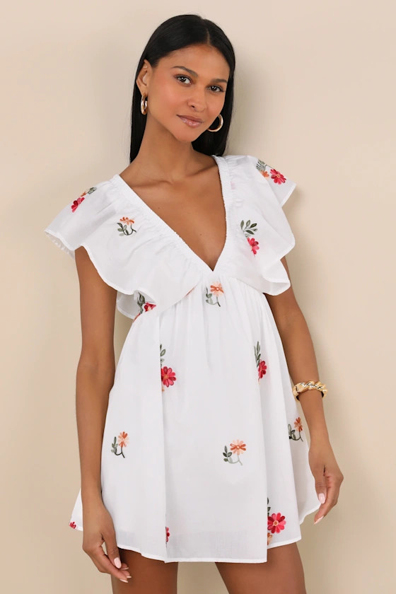 Kory White Embroidered Flutter Sleeve Mini Dress | Lulus