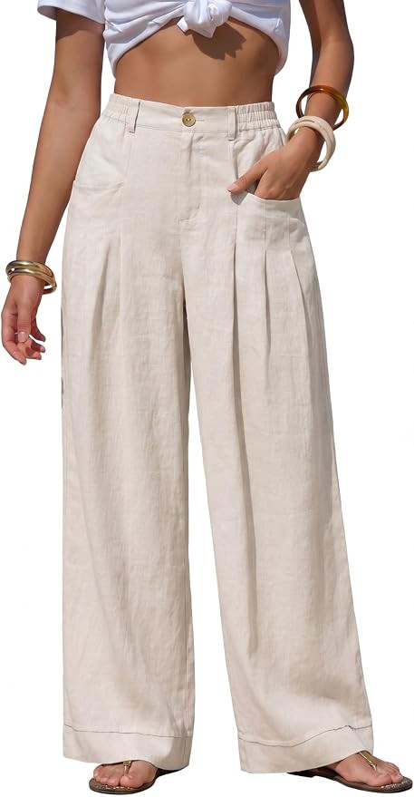 Athlisan Womens Cotton Linen Palazzo Pants Casual Wide Leg Lounge Trousers Beach Vacation Outfits | Amazon (US)