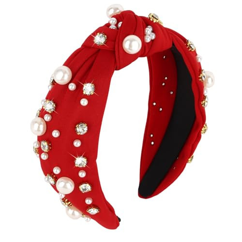 Brimekichio Red Headband for Women Girls Pearl Knotted Headband Clear Rhinestone Head Band Red Hair Accessories Women | Amazon (US)