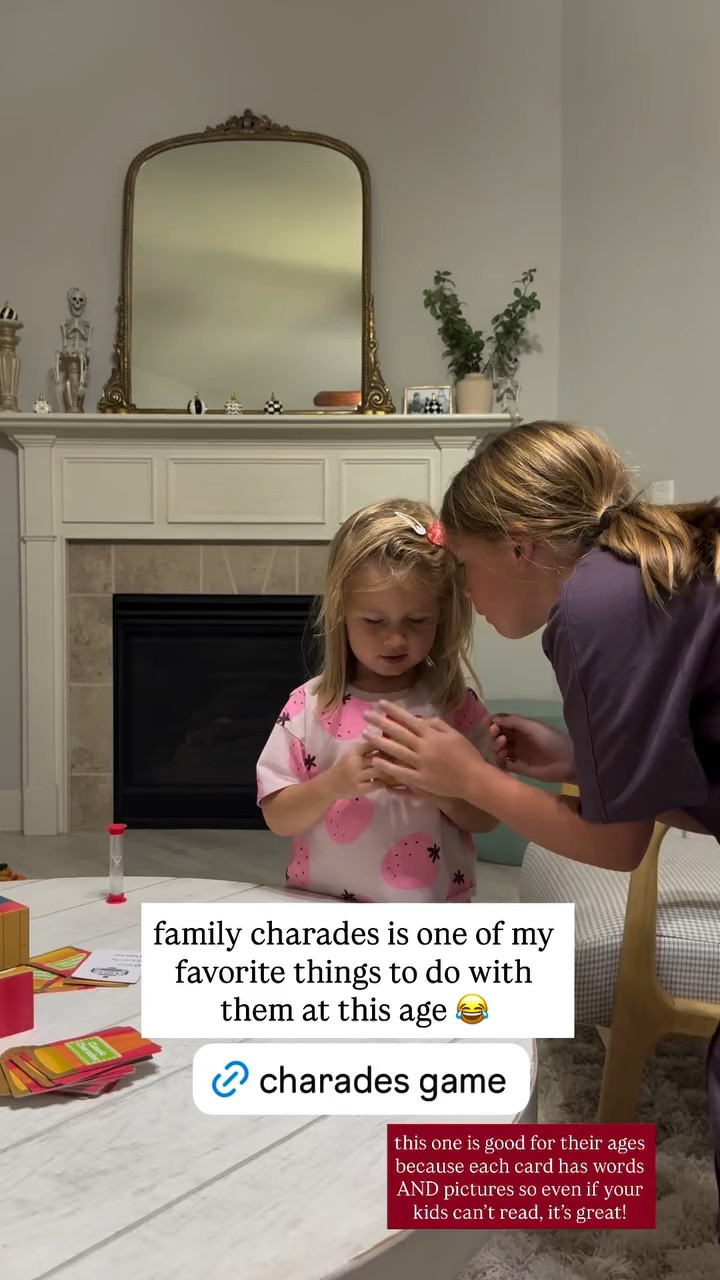 family charades is one of my favorite things to do with them at this age 😂 this one is good for their ages because each card has words AND pictures so even if your kids can’t read, it’s great!