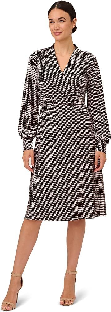 Adrianna Papell Women's Printed Faux Wrap Dress with Long Bishop Sleeves | Amazon (US)