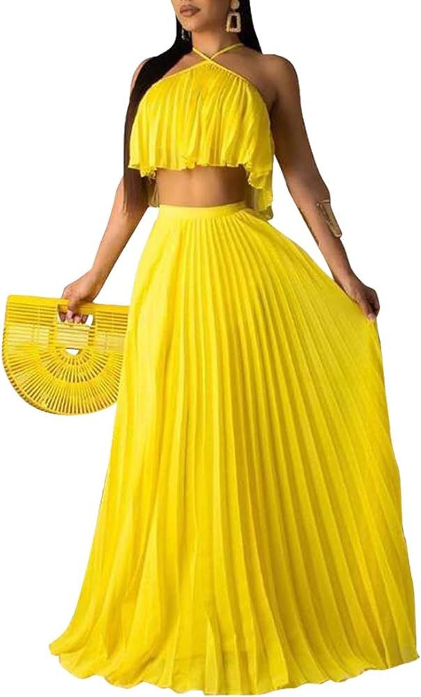 Aro Lora Women's Sexy Chiffon Sleeveless Ruffle Crop Top Pleated Long Skirt 2 Piece Maxi Dress | Amazon (US)