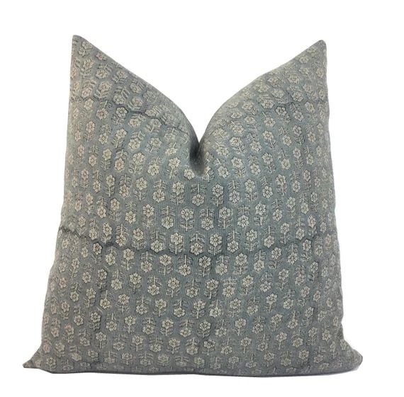 Brinda Floral Hand Block Print on Linen Pillow Cover | Slate Blue | Vintage Style  | Designer | H... | Etsy (US)
