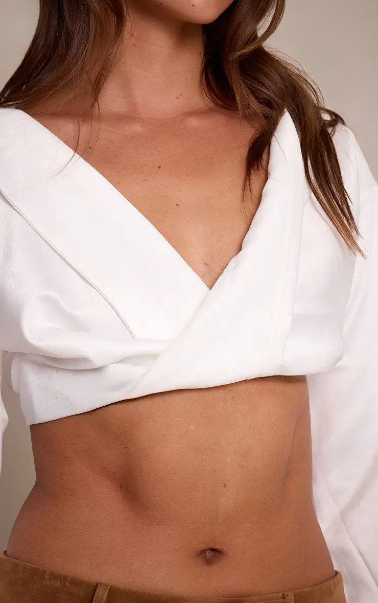 Tops | White Satin Bardot Twist Front Crop Blouse | PrettyLittleThing | PrettyLittleThing US