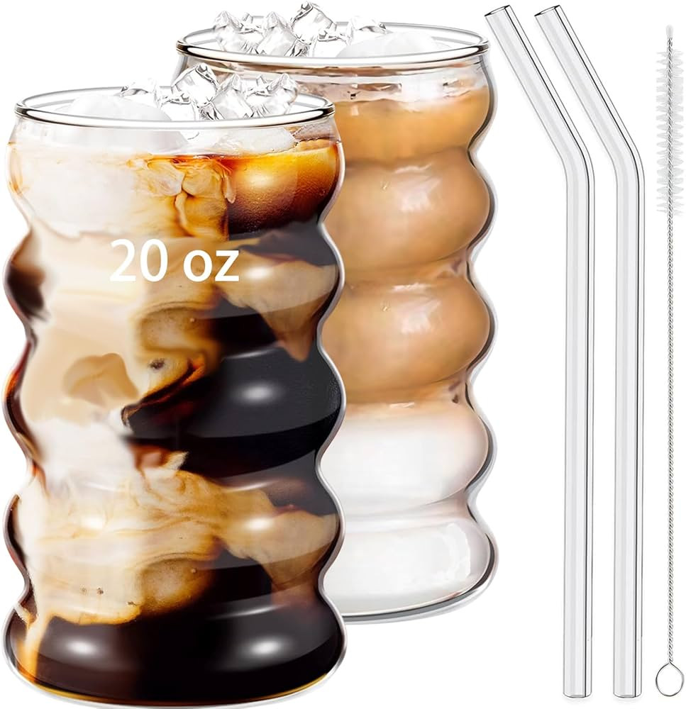 2 Pcs 20oz Drinking Glasses Set with Straws, Cute Iced Coffee Glass Cups, Iced Coffee Tumblers, T... | Amazon (US)