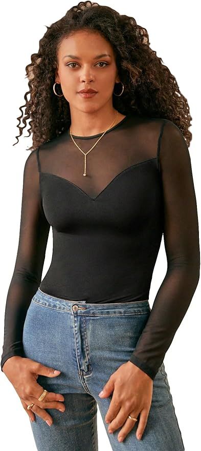 Verdusa Women's See Through Contrast Mesh Round Neck Long Sleeve Tee Top | Amazon (US)
