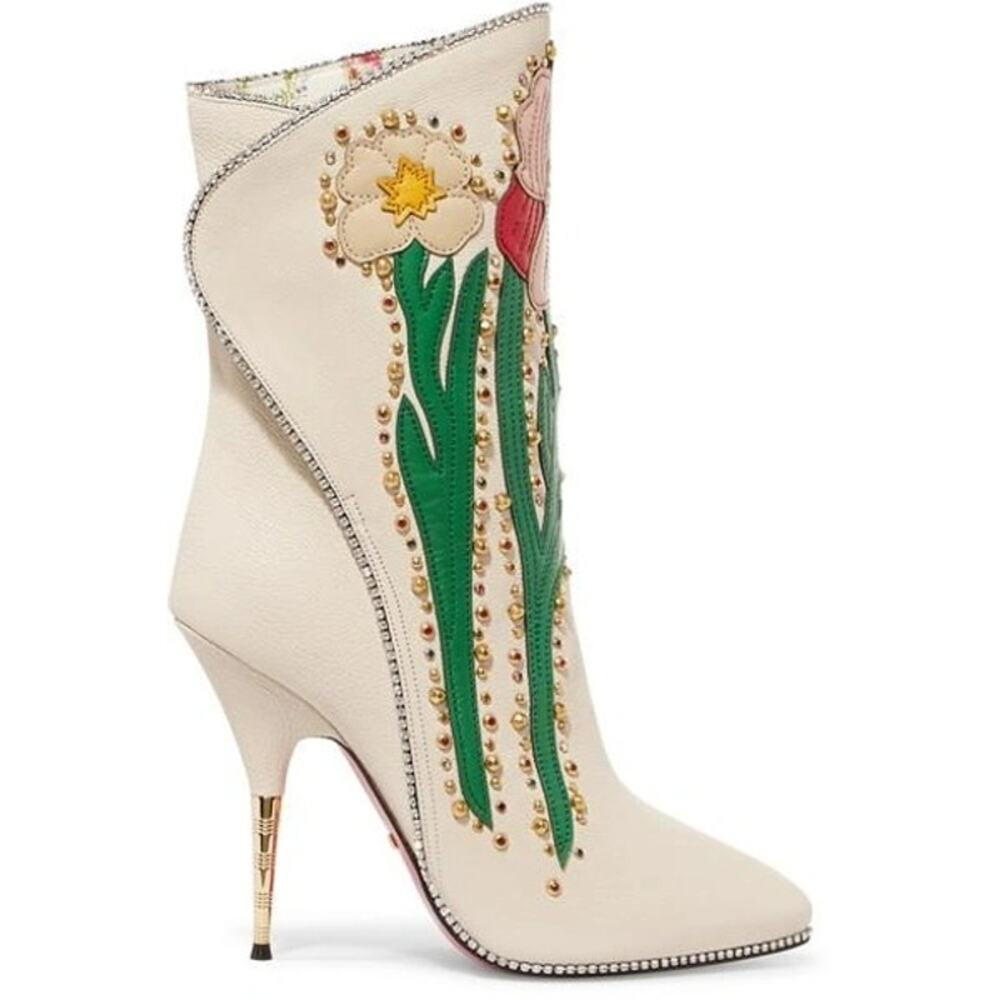 GUCCI Ivory Leather Floral ‘Fosca’ 2017 Pink Bottom Runway Booties Size 37 | Poshmark
