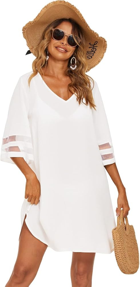 SimpleFun Women's Swimsuit Coverup Bathing Suit Cover Ups V Neck Summer Bikini Casual Loose Beach Dr | Amazon (US)