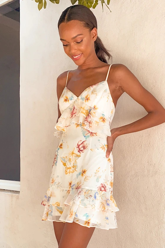 Sip of Chardonnay Cream Floral Print Ruffled Mini Dress | Lulus (US)