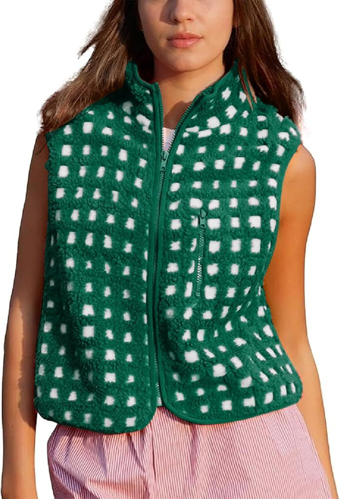 Womens Checkered Sherpa Vest Sleeveless Winter Fleece Jacket High Neck Zip Up Plaid Gilet with Ch... | Amazon (US)