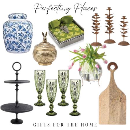 Gifts for the home for those who love to decorate. Gift guide with home, decor, blue and white lidded, ginger jar, brass, bunny, lidded, container, cocktail, napkin, holder, rustic, brown metal leaf candle holder set, Ballard designs, glass vase, black metal, two tiered server, cut glass champagne, flutes, cutting board with handle

#LTKGiftGuide #LTKHoliday #LTKhome