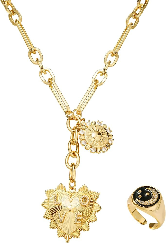Gold Plated Paperclip Chain Necklace, Heart and Sun Pendant Necklace with Moon Star Open Ring, Go... | Amazon (US)