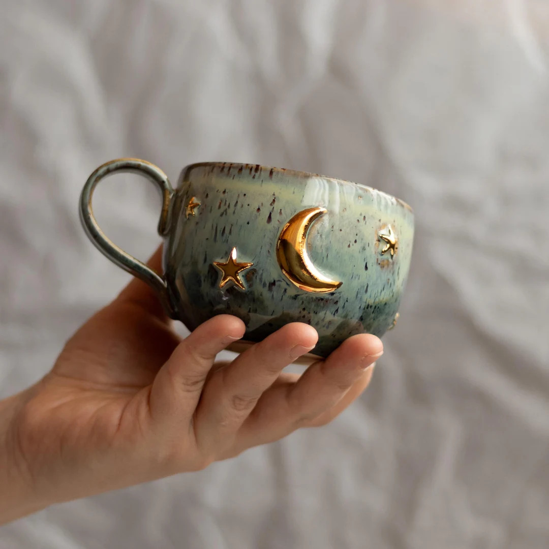 Celestial Mug: Handmade Pottery Coffee Cup with Gold Moon & Stars | Etsy (US)