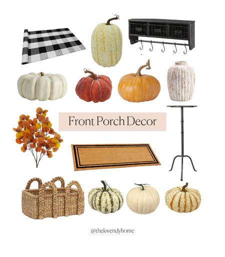 Fall Front Porch Decor! Faux pumpkins. Faux leaves. Autumn Decor. Fall decor. Front porch decor. Pottery Barn basket. Fall style. Pumpkins. Shelf Rack Wall. Fall design. Pumpkin decoration. Ceramic Vase. End table