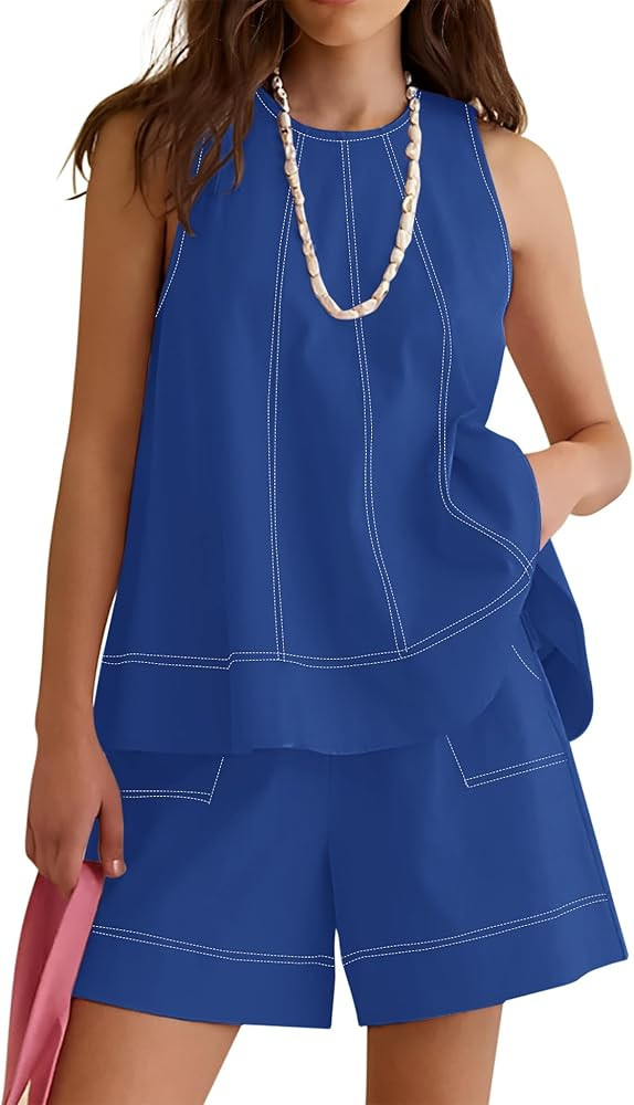 Rapbin Women Two Piece Short Set Drawstring Elastic Waist Pants Round Neck Tank Tops Comfy Sweats... | Amazon (US)