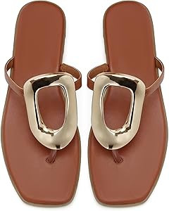 Flip-Flops for Women Thong Sandals Flat Black Slip on Slides Leather Beach Comfort Open Square Toe Ladies Slipper Dressy Metal Hardware Decoration Summer Shoes Casual Fashion | Amazon (US)