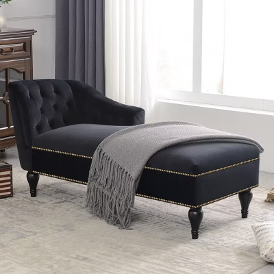 YOOCOZZ Velvet Chaise Lounge Sofa with Nail-head Trim and French-Style Wood swivel Legs - Black | Target