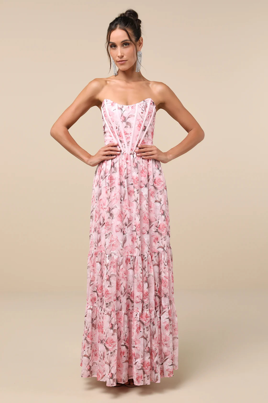 Special Moment Pink Floral Strapless Bustier Maxi Dress | Lulus
