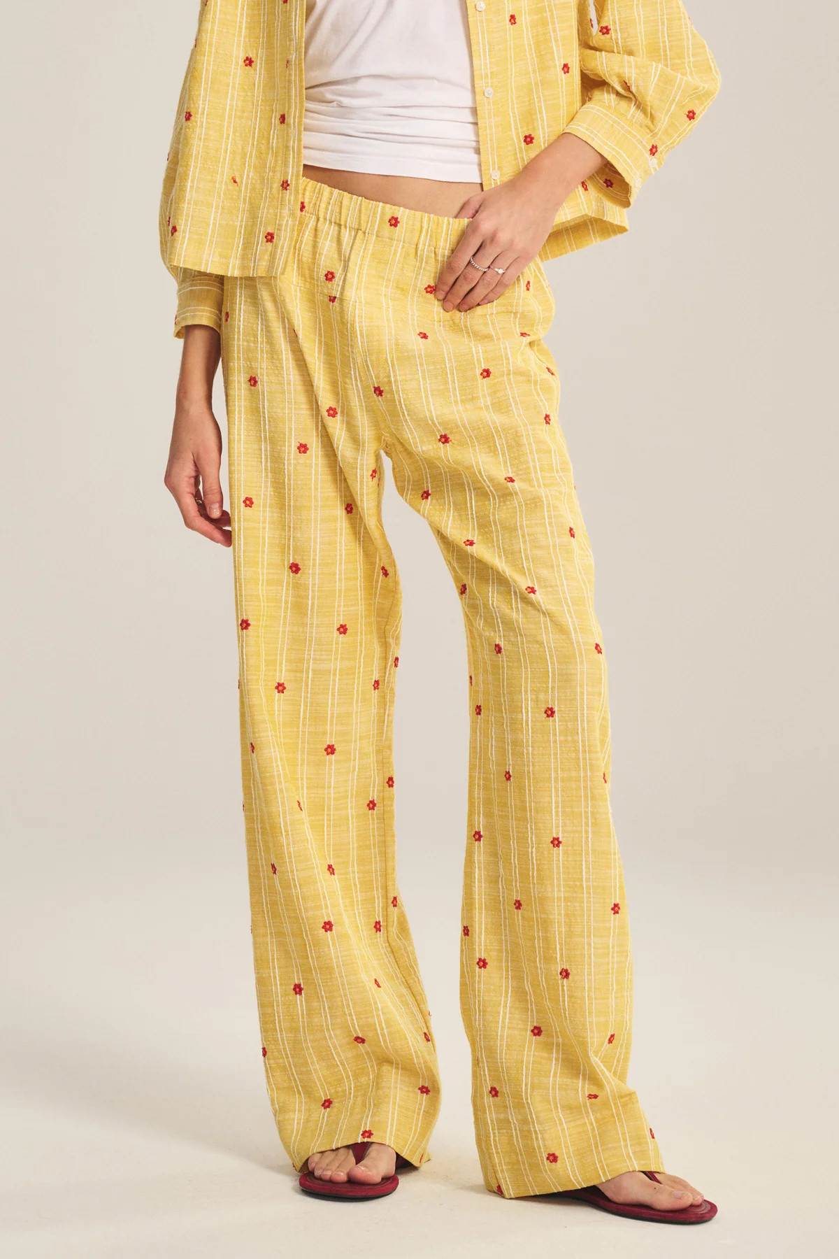 MADELYN FLOWER EMBROIDERED COTTON VISCOSE STRIPED STARIGHT LEG PANT | Velvet by Graham & Spencer