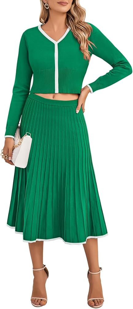 Pink Queen 2 Piece Sets For Women Long Sleeve Crop Top Pleated Skirts Ribbed Knit Matching Set Fa... | Amazon (US)