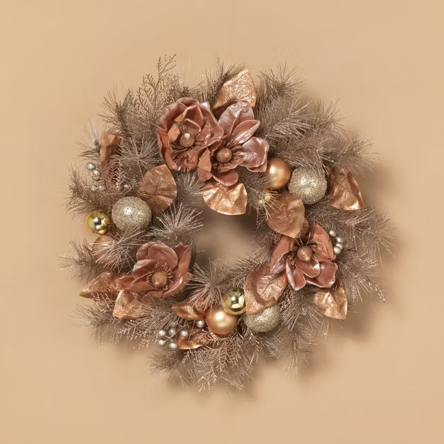 Gerson International 24-Inch Frosted PVC Wreath with Magnolia, Champagne and Rose Gold Ornaments ... | Target