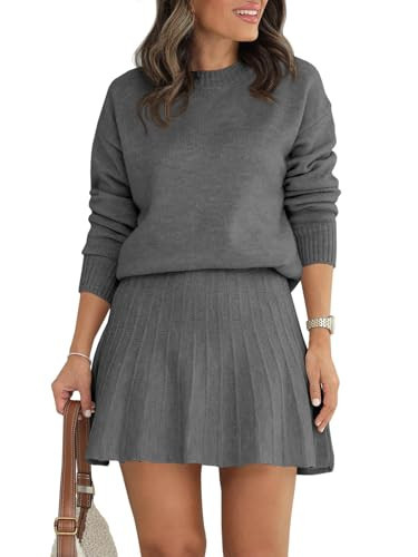 Tankaneo Womens Skirt 2 Piece Sweater Set Long Sleeve Crewneck Sweaters Pleated Mini Skirt Knit Lounge Sets | Amazon (US)