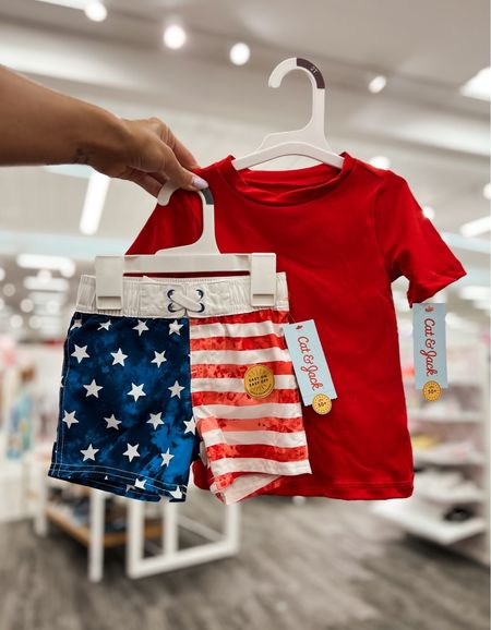 Toddler boys and boys American flag swim trunks and red rash guard 

#LTKSwim