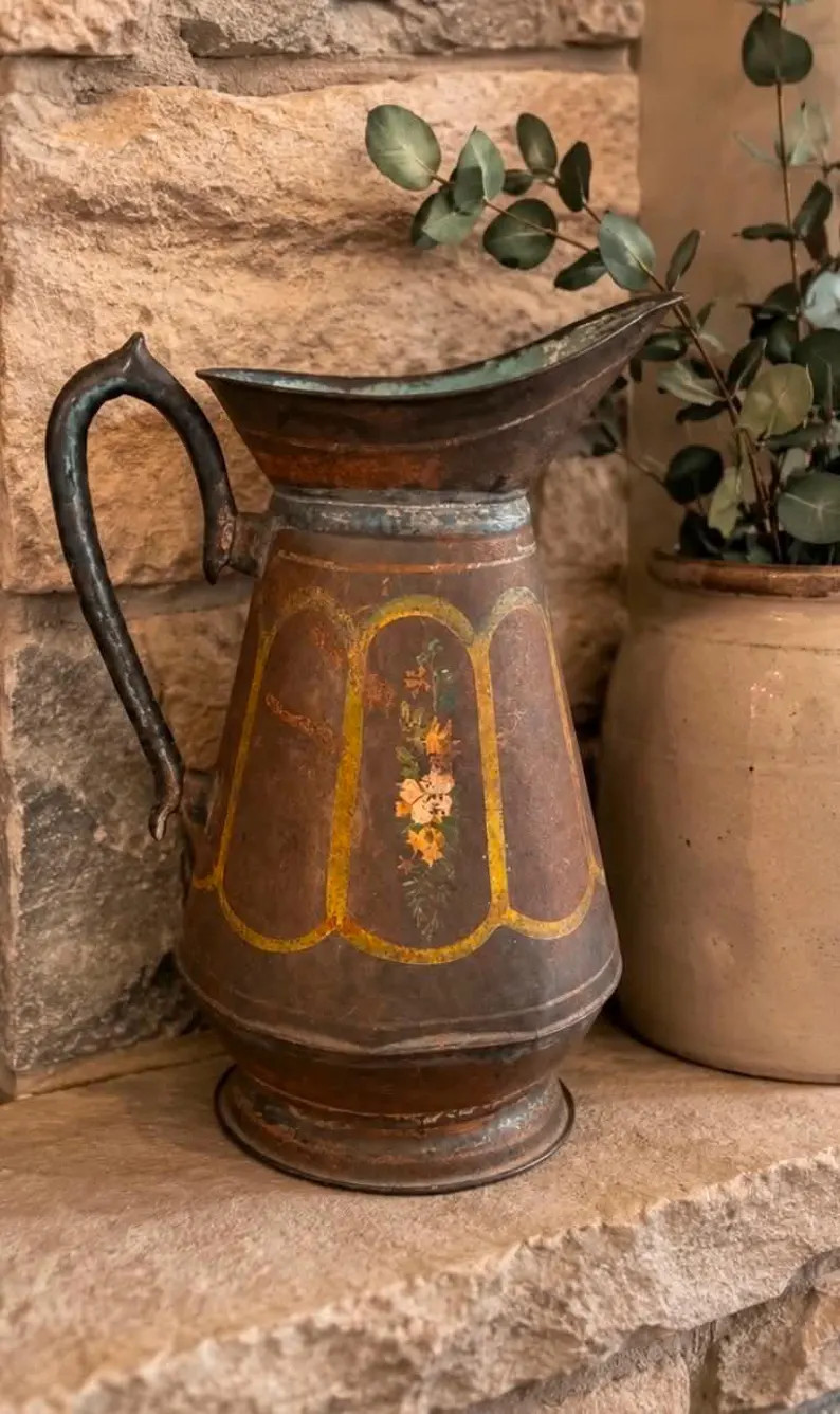 Antique Hand-Painted Pitcher/Toleware Farmhouse Decor | Etsy (Global)