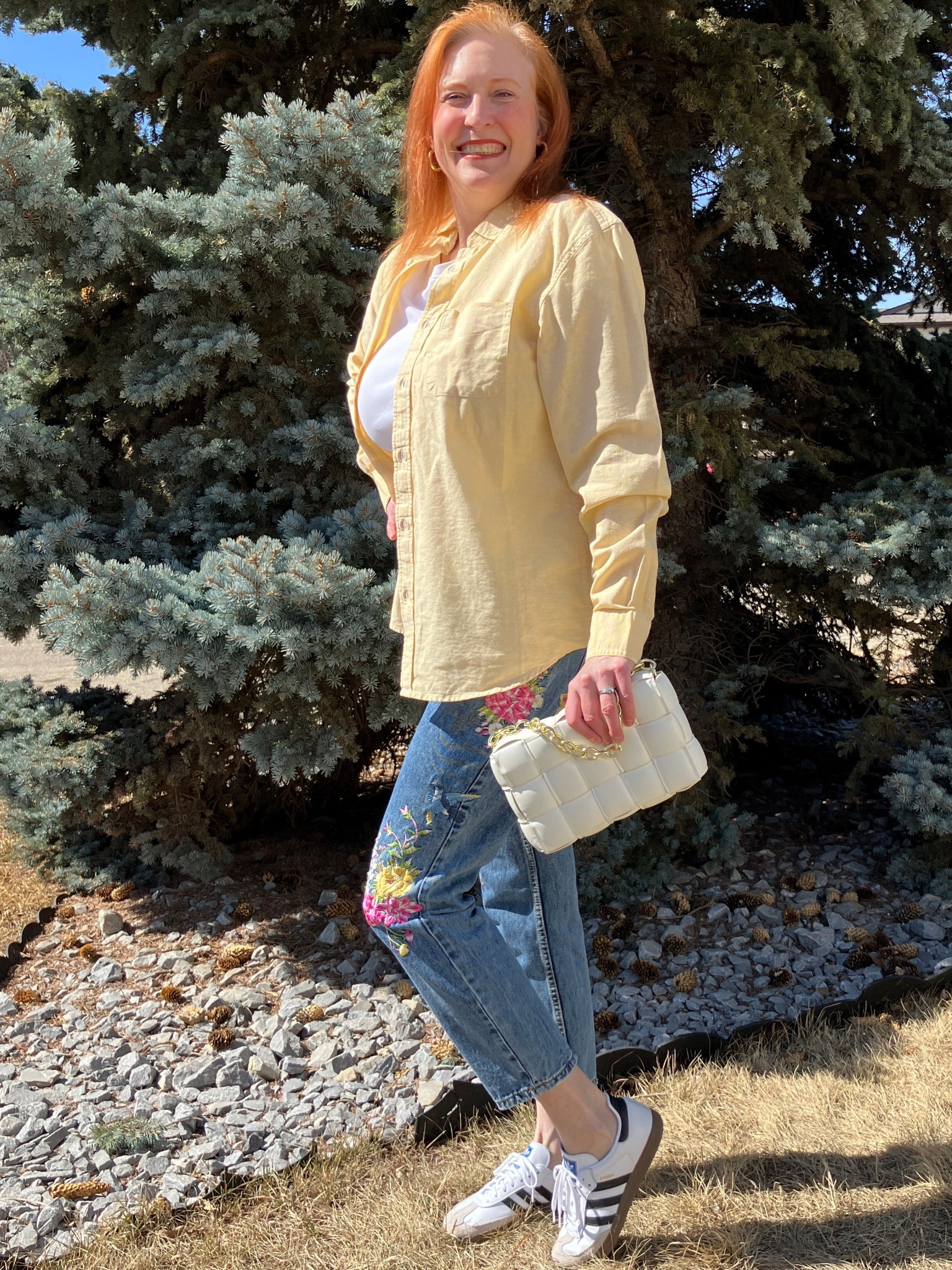 It would be a mistake not to style my embroidered jeans again! So I did. A nice yellow men’s button down, white t and bag, and my fav sneakers for the win! The weather is finally warming up here so be prepared for me to show some leg this week. Just wanted to warn you. And of course more 80’s tunes because that’s how I roll. Canadians click on the first links to shop, and Americans click on the second links to shop. If there’s only one link then you can shop it in your own country. And remember, trendy doesn’t have to be expensive! Bye!

#LTKOver40 #LTKMothersDay #LTKootd