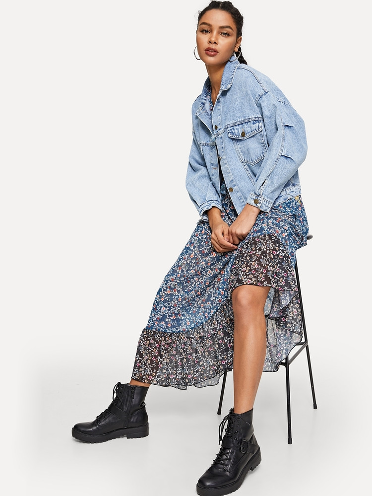 Drop Shoulder Bleach Wash Denim Jacket | SHEIN