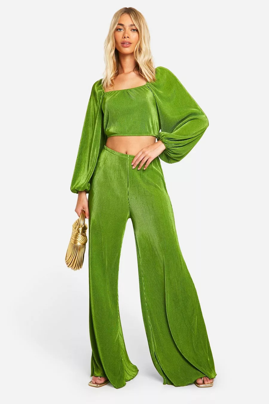 Plisse Puff Sleeve Crop & Wide Leg Pants | boohoo (US & Canada)