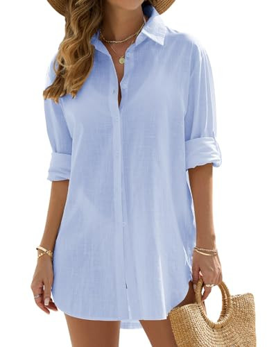 Jyanl Swimsuit Coverup for Women Bathing Suit Cover Up Beach Shirt Casual V Neck Button Down Shirt Dress Bikini Swimwear Coverups Vacation Outfits Blue | Amazon (US)