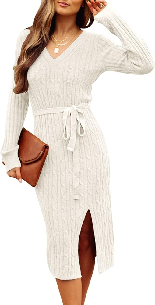 MEROKEETY Women's V Neck Cable Knit Sweater Dress Long Sleeve Bodycon Slit Pullover Midi Dresses wit | Amazon (US)
